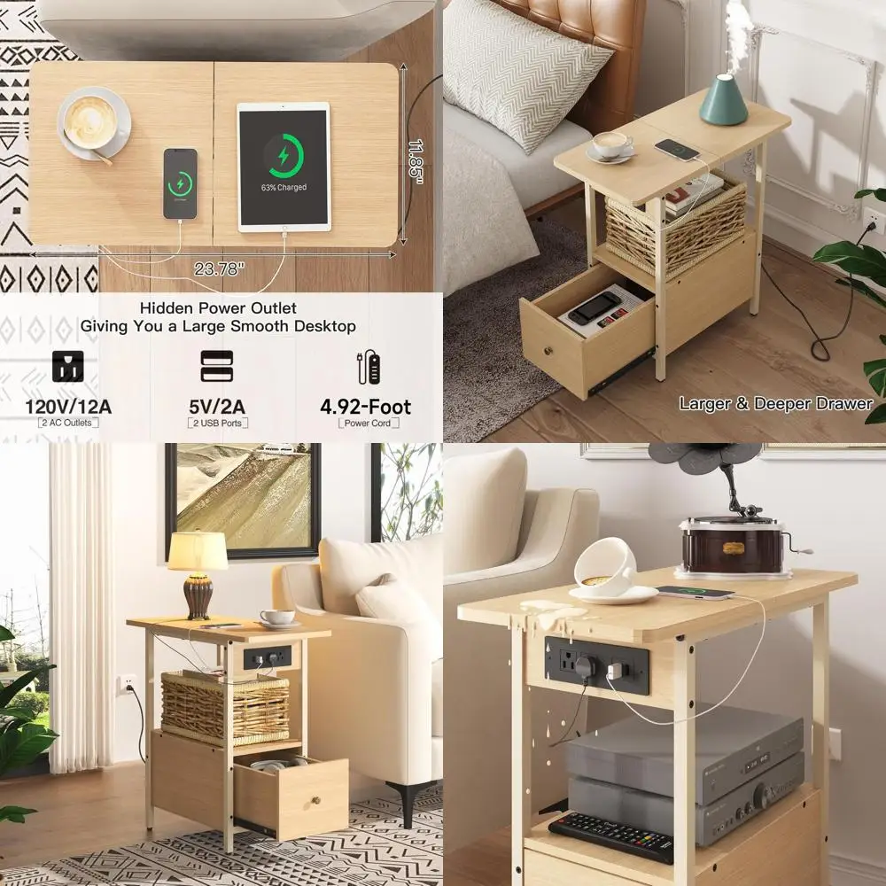 

Компактный приставной столик с зарядной станцией, ящиком и USB/розетками для спальни и гостиной