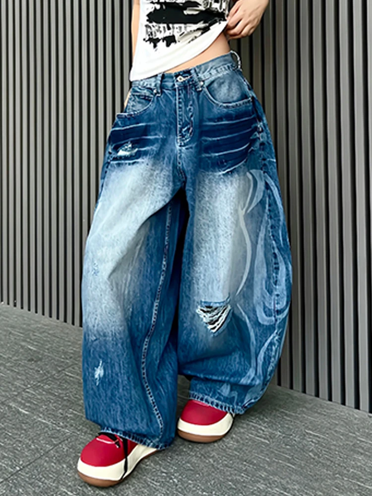 

Retro American Spicy Girl Design Hole Denim Jeans Women Summer Fashion Loose Lazy Loose Feeling Floor-Length Pants