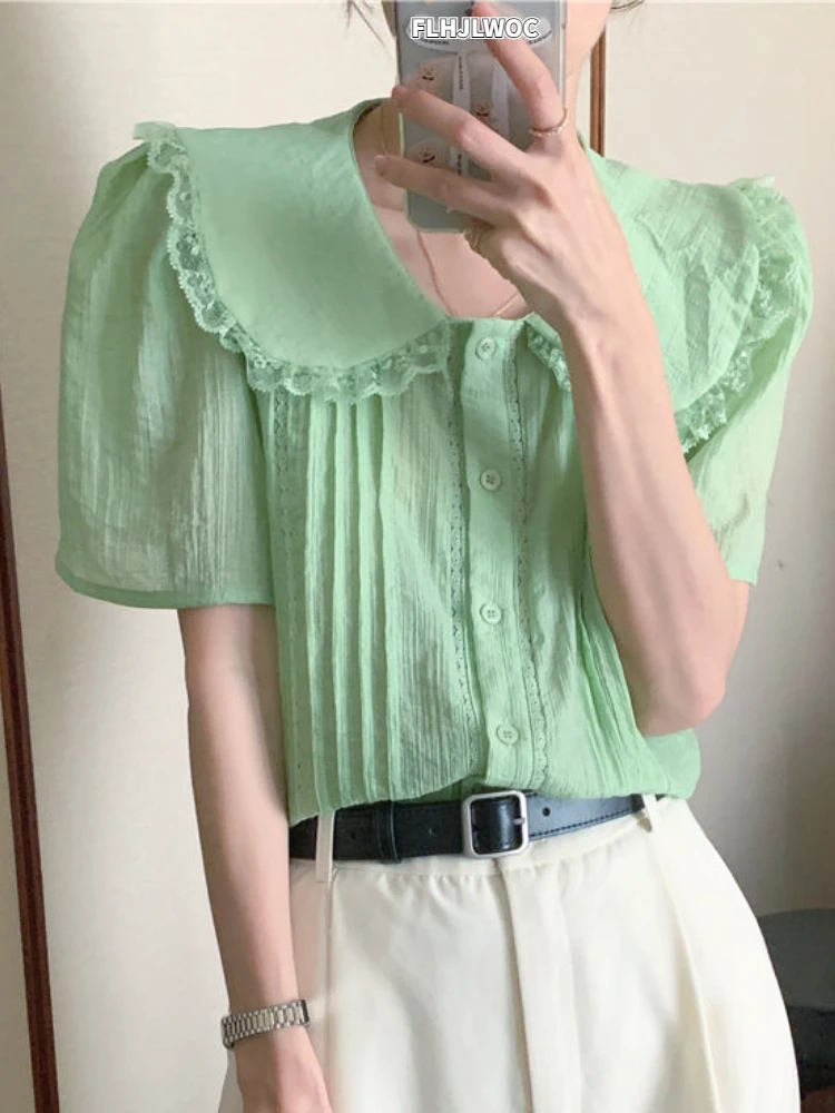 

Korea Chic Ruffles Lace Tops Blusas Date Holiday Sheer Mesh Thin Sexy Transparent Shirt Cute Peter Pan Collar Women Blouses