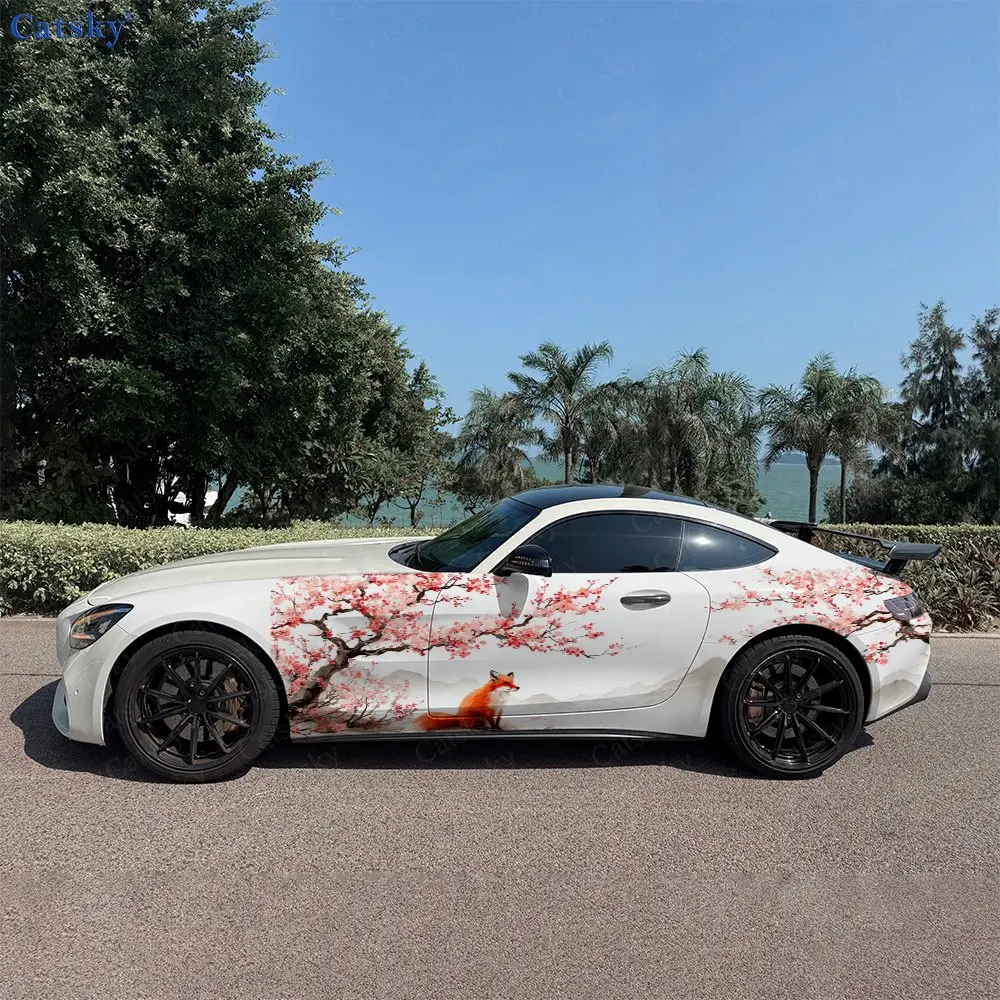 2pcs Plum Hills Wandering Fox Car Side Wraps, Self-Adhesive PVC Waterproof & Scratch-Resistant Stickers, Car Accessory Gift