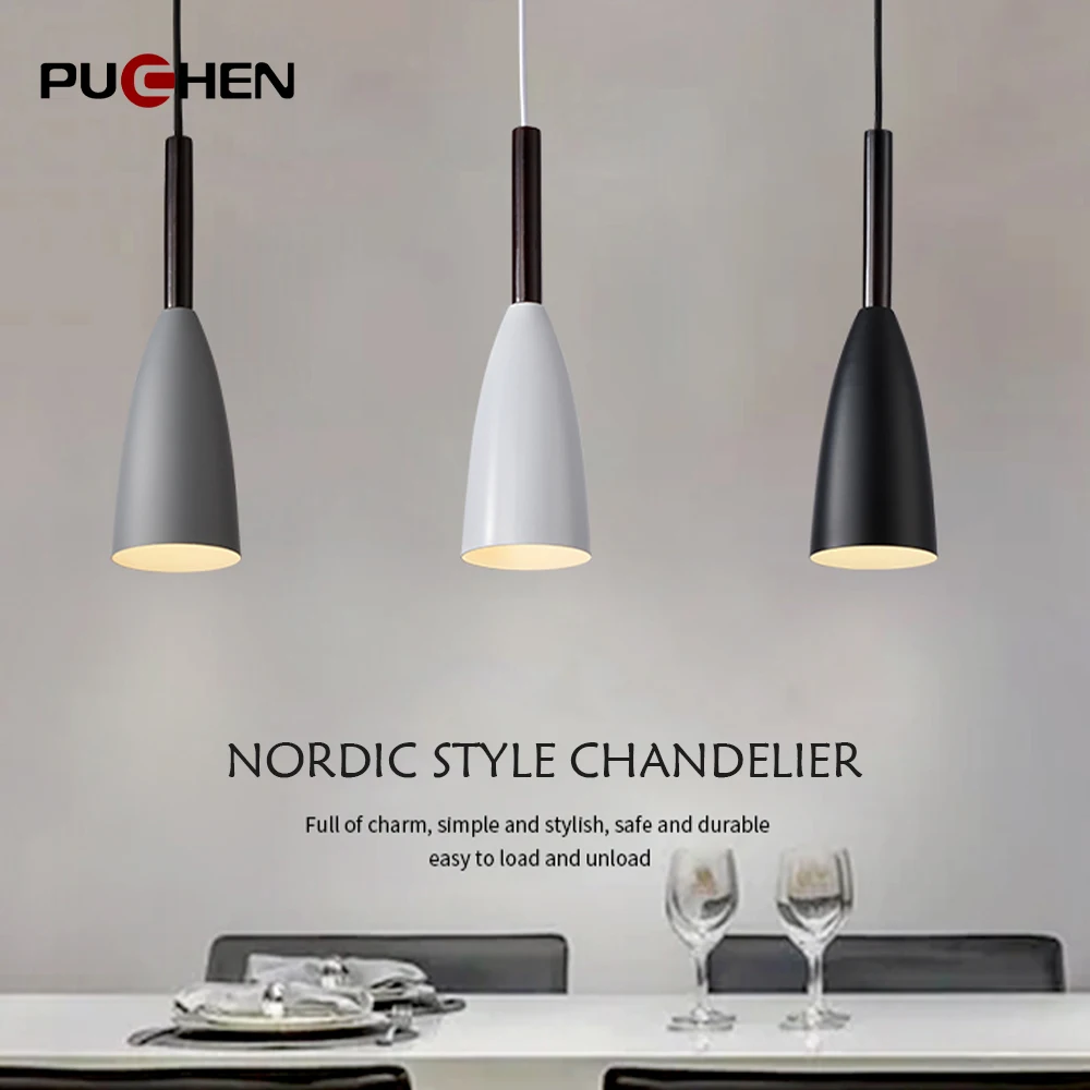 Puchen Iron+Wood E27 Chandelier Modern Black White Ash Ceiling Light For Bedroom Dining Room Study Background Decorative Lights