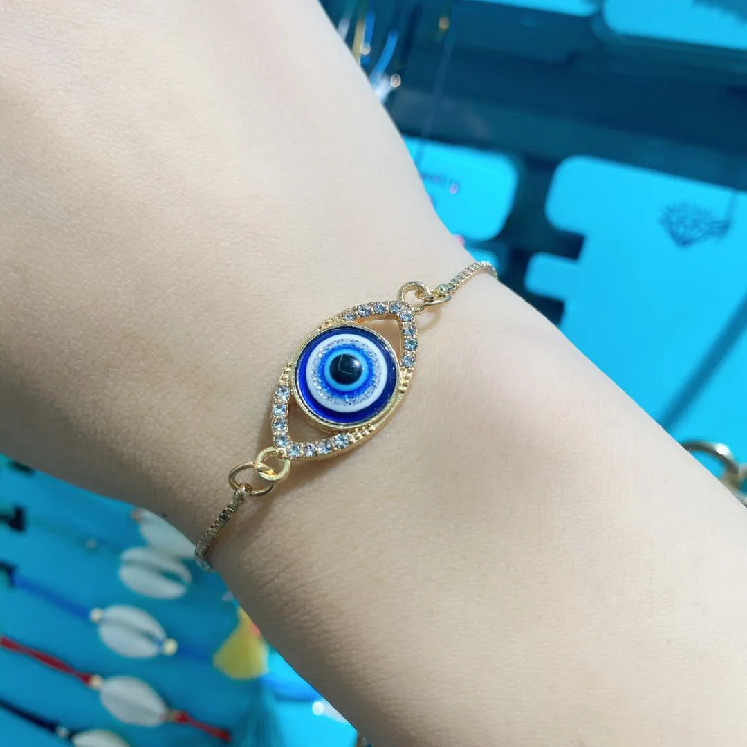 New Lucky Evil Eye Blue Eye Bracelet For Men Women Korean Fashion Adjustable Gold Color Metal Chain Charm Bracelet Jewelry Gift