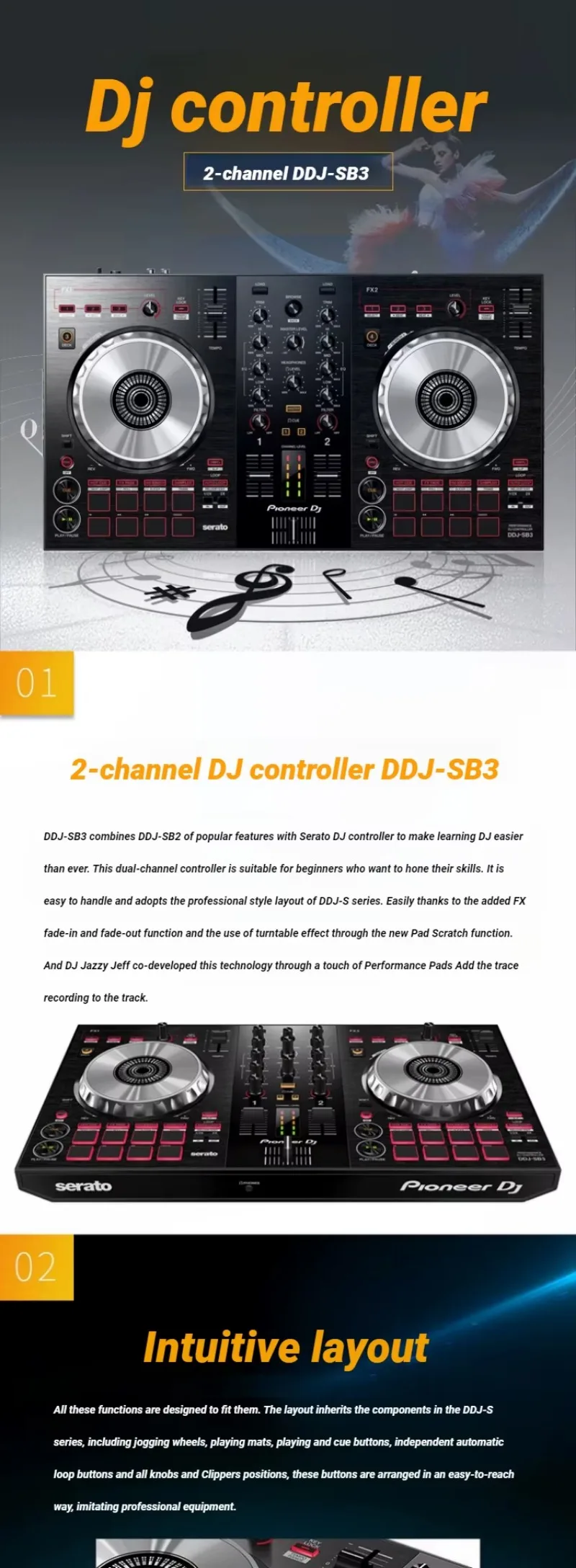 جهاز التحكم بالمعدات الصوتية Pioneer DDJ-SB3 Rekordbox DJ ذو التأثير المعدني لـ DJ الاحترافي
