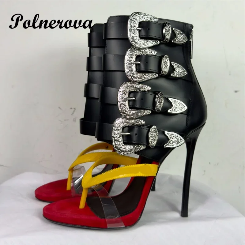 Sexy Flip Toe Metal Buckle Sandals Mid Calf Sandal Boots Stiletto Heels Zipper Women Shoe Summer Sandalias De Mujer Verano