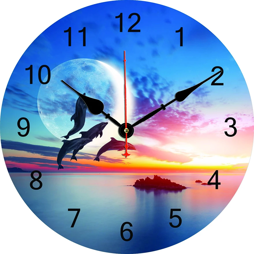 Reloj de pared redondo de delfines, sala de estar, dormitorio, cocina, decoración del hogar, reloj de pared, reloj de cuarzo silencioso, artículos de decoración del hogar