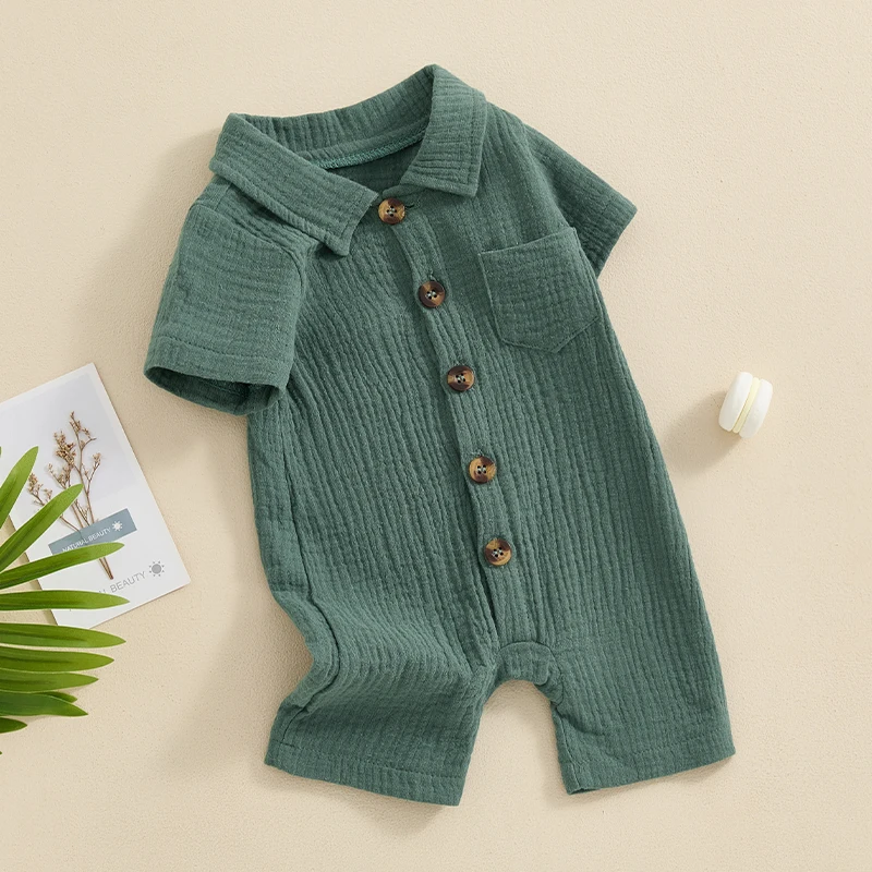 Infant Baby Boy Summer Jumpsuit Solid Color Short Sleeve Lapel Button Down Romper