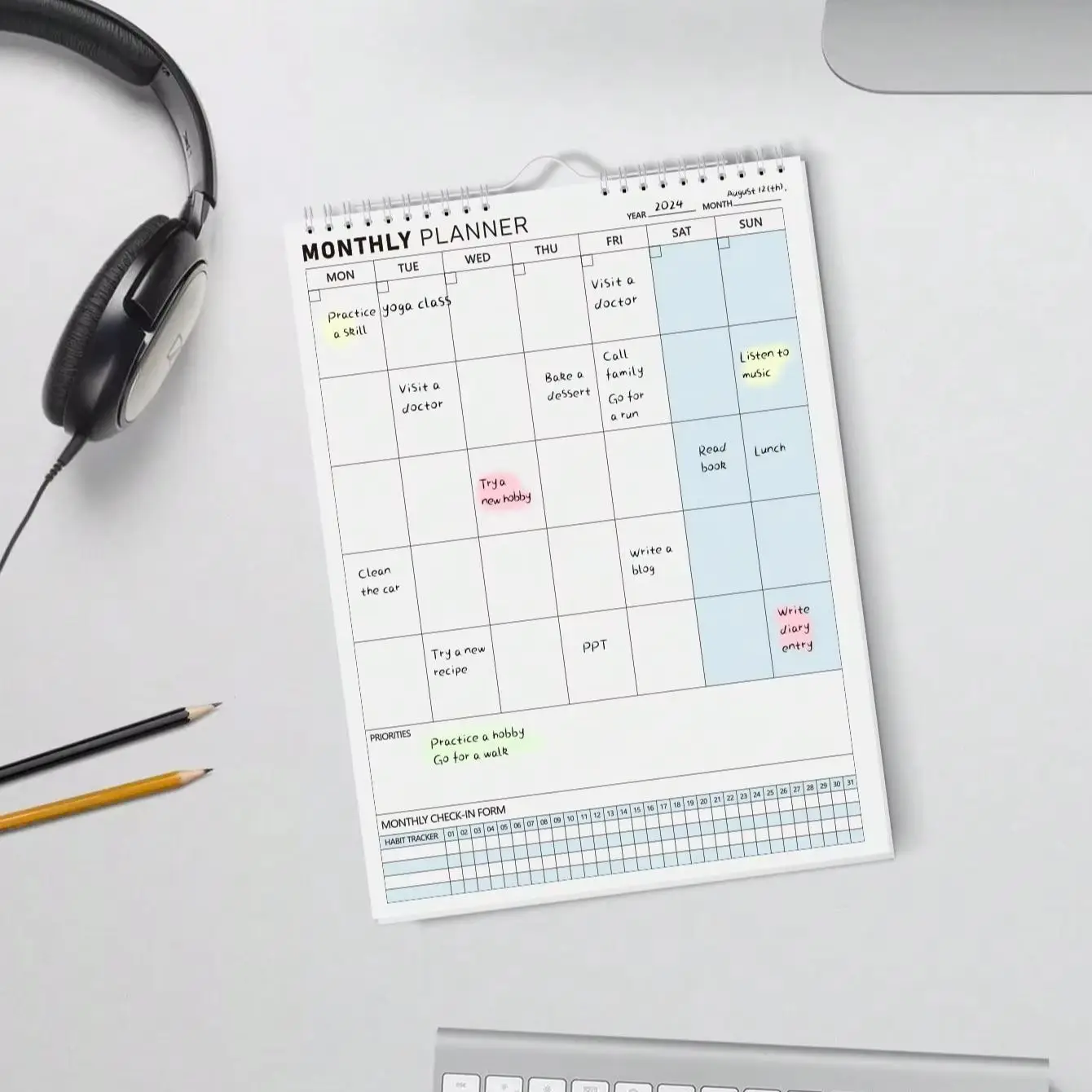 Planificador mensual de pared de 8.2 x 11.4 pulgadas, bloc de calendario colgante sin fecha con encuadernación de doble espiral, rastreador de hábitos