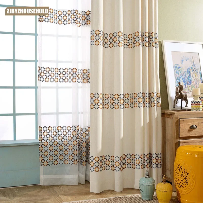 

Curtains for Living Dining Room Bedroom New Modern Simple Cotton and Linen Digital Lattice Embroidery