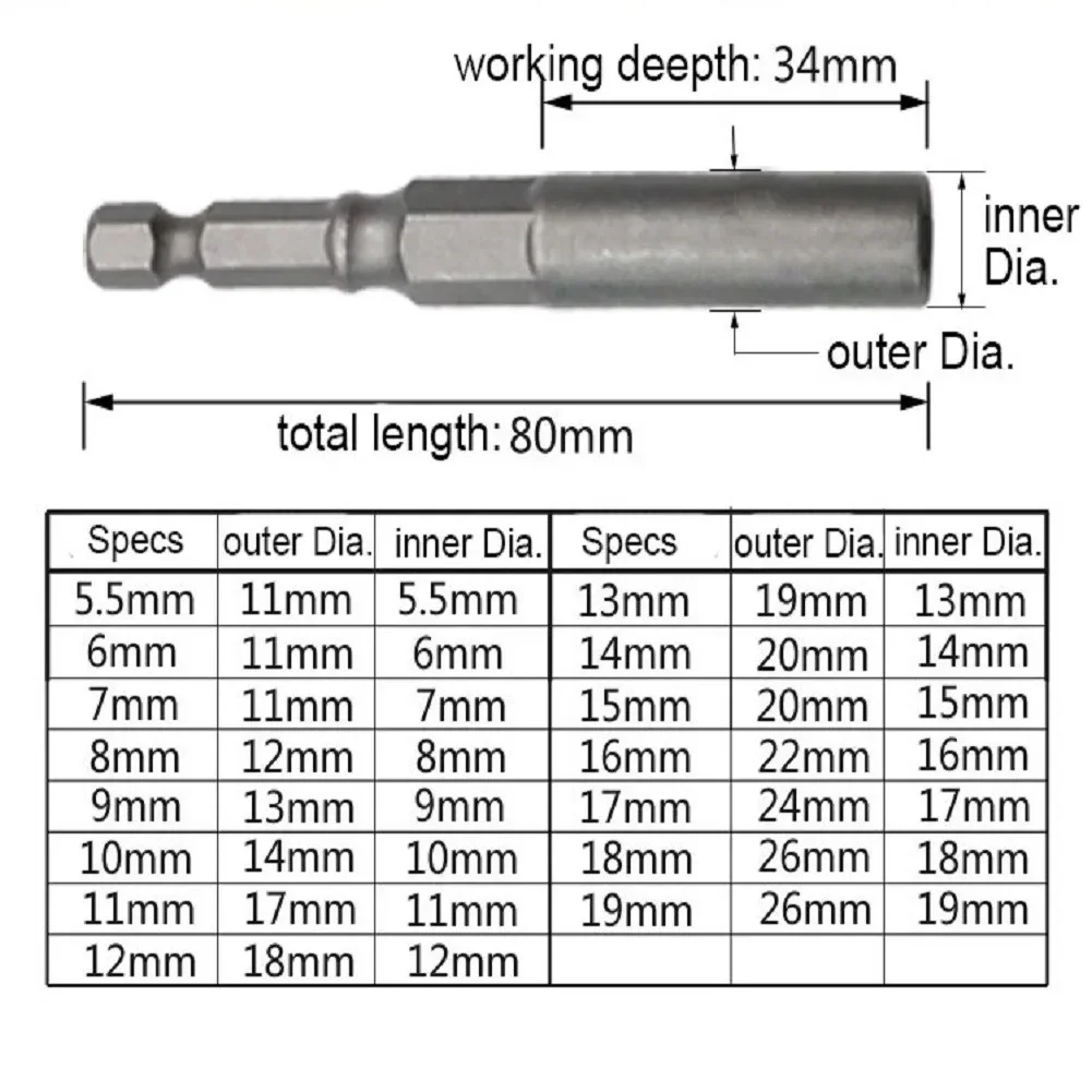 1PC 80mm HRC60 5.5mm-19mm Hex Socket Sleeve Nozzles Nut Driver Sets Power Screwdriver Handle Tools Power Drills Impacts Drivers