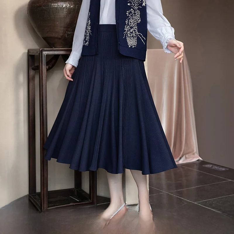 

Ele Vintage f Skirt Women's Loose Fit New Sle Pleated Polyester Fiber A-Line Midi Skirt for Autumn Season
