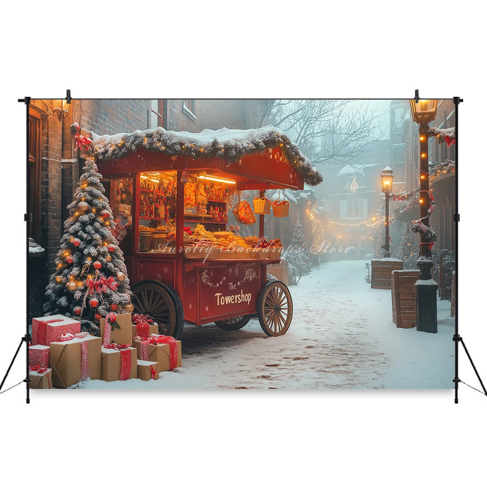 Fond de chariot de nourriture de Noël, adulte, famille, accessoire de photographie, enfant, bébé, décor de rue, paysage de neige, magasin de ville, toile de fond de studio photo