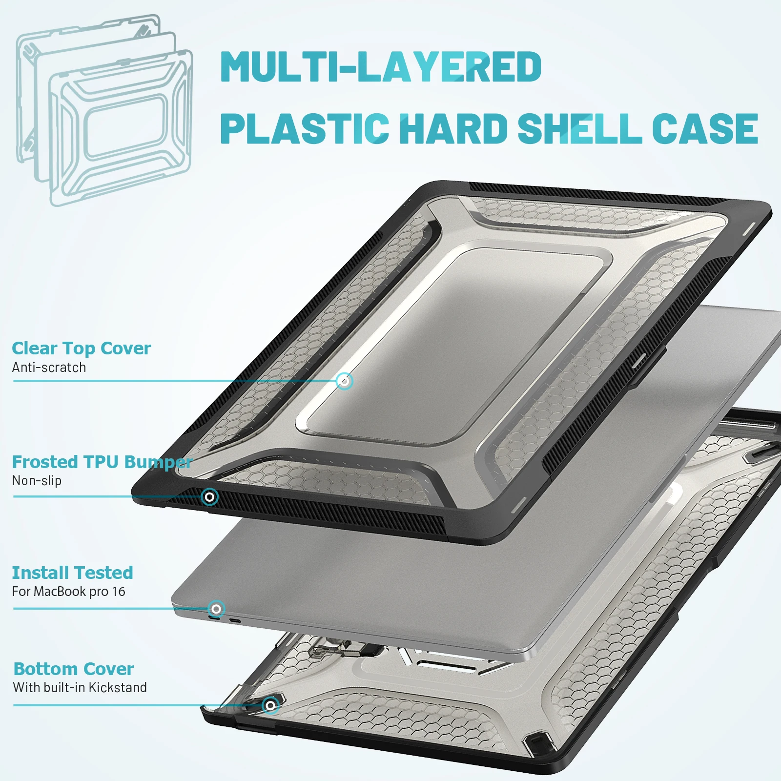 Clear Top Honeycomb Design Laptop Case for Apple MacBook Pro 16 2019 Released Model A2141 With Built-in Foldable Kickstand Cover