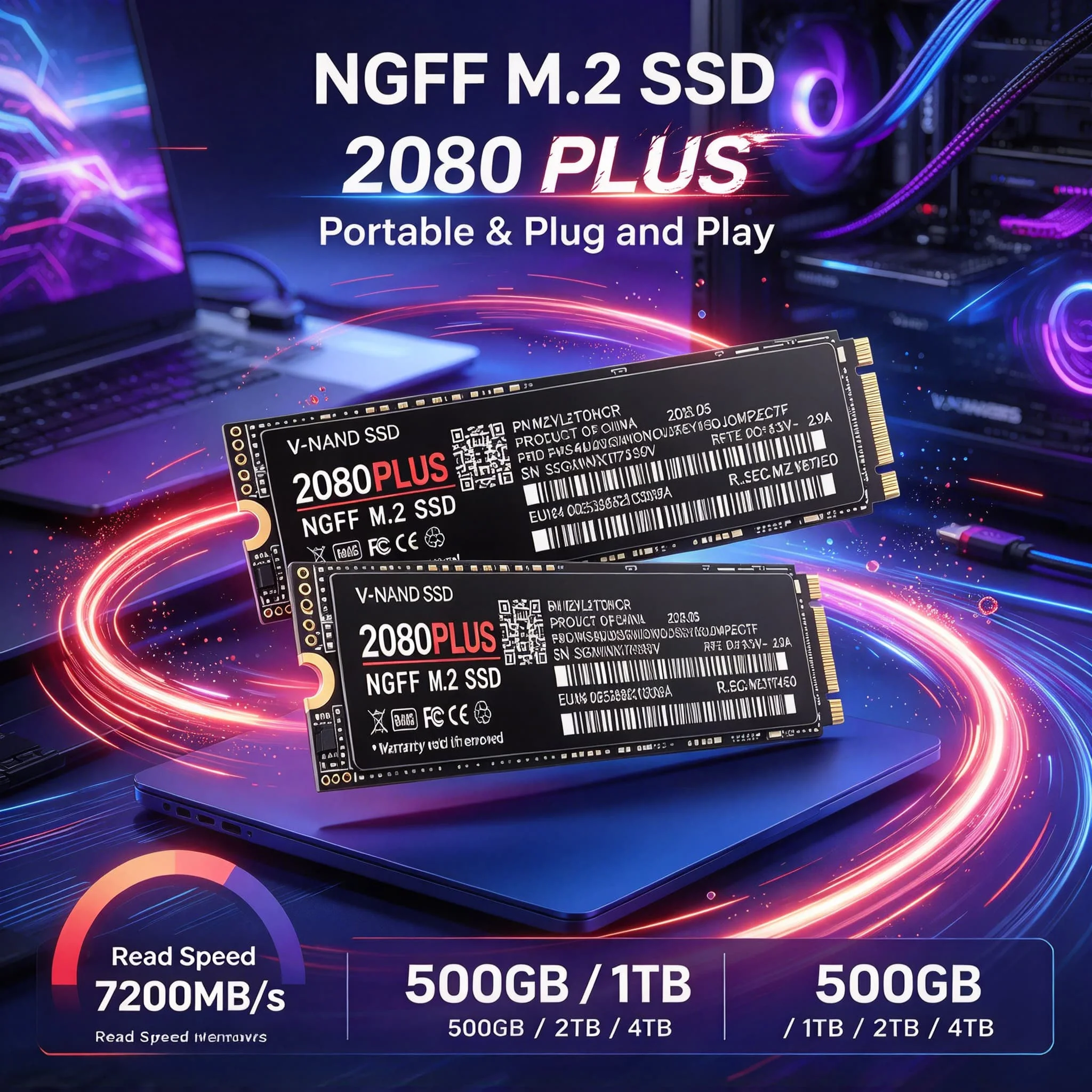 High Capacity 2080 PLUS M.2 NGFF 2280 PCIe SSD 500GB 1TB 2TB 4TB Internal Solid State Disk for Laptop Media Storage, File Backup