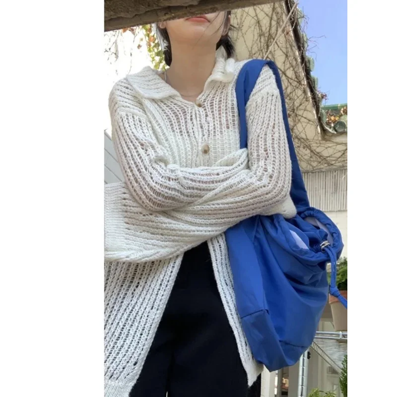 Y2k Aesthetic 2024 Spring Cardigan Femme Vintage Grunge Knitted Harajuku Turn Down Collar Elegant Loose Women Sweaters