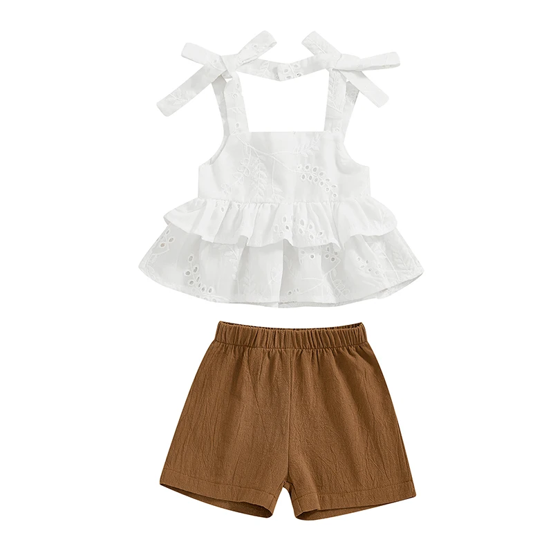 Kids Girls Shorts Set Tie-up Embroidery Hollowed Leaves Camisole with Shorts Summer 2-piece Outfit