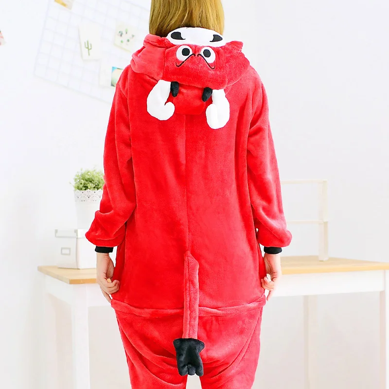 Onesies pakaian tidur Jumpsuit sapi merah Bodysuit Kingurumi Lingerie Bodysuit flanel Anime kartun gaun malam lengan panjang