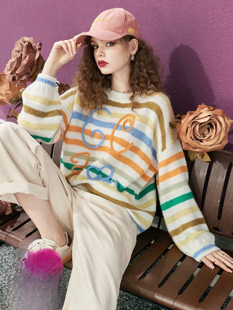 

Romantic Color Striped Women's Knitted Sweater Soft Plump Loose Fit Spring Fashion by Elf Sack Fairy's Pocket Brand