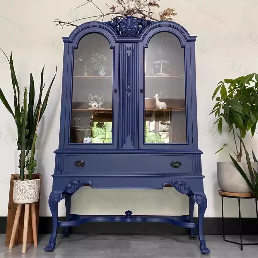 

1French retro solid wood double-door dining side cabinet old carved neoclassical storage entrance display cabinet