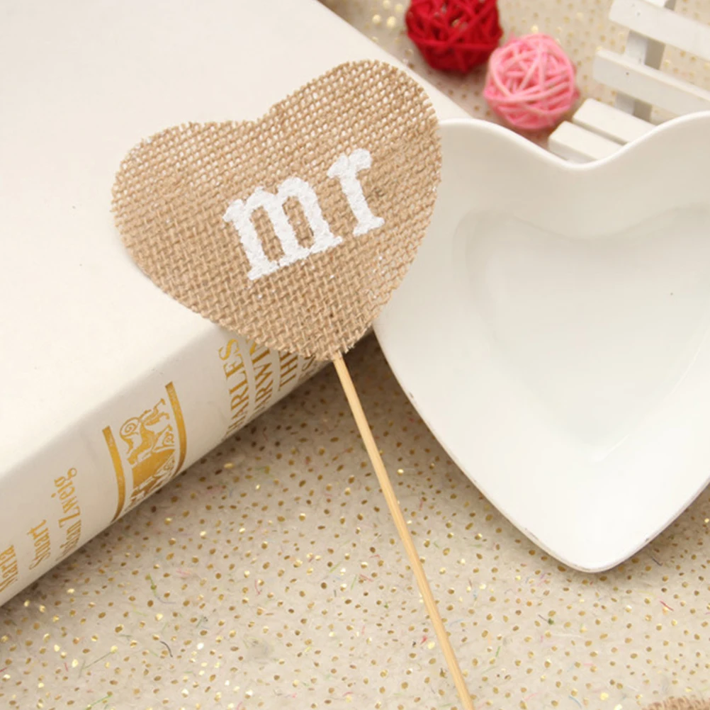 

Love Mr Mrs Heart Shaped Cake Decoration Cupcake Toppers Picks Wedding Party Photo Props Rural Design Safe For Dessert