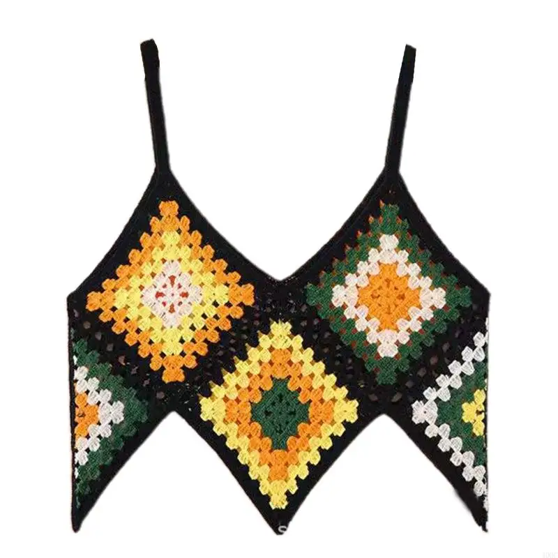 40GC Women Boho Crochet Knit Sleeveless Camisole Multicolor Rhombus Plaid Sexy V Neck Crop Top Irregular Hem Beach Vest