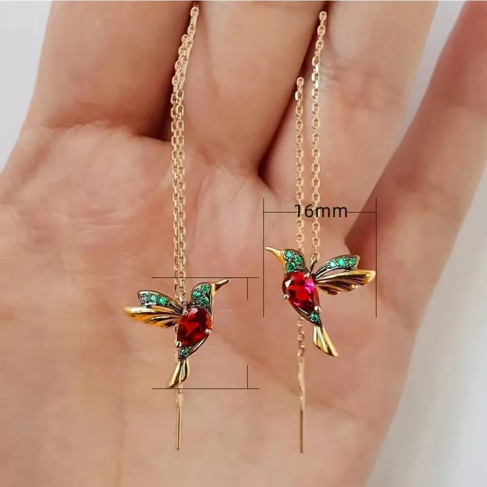 Vintage Animal Bird Threader Earrings Red Green Crystal Hummingbird Drop Earrings for Party Daily Wear