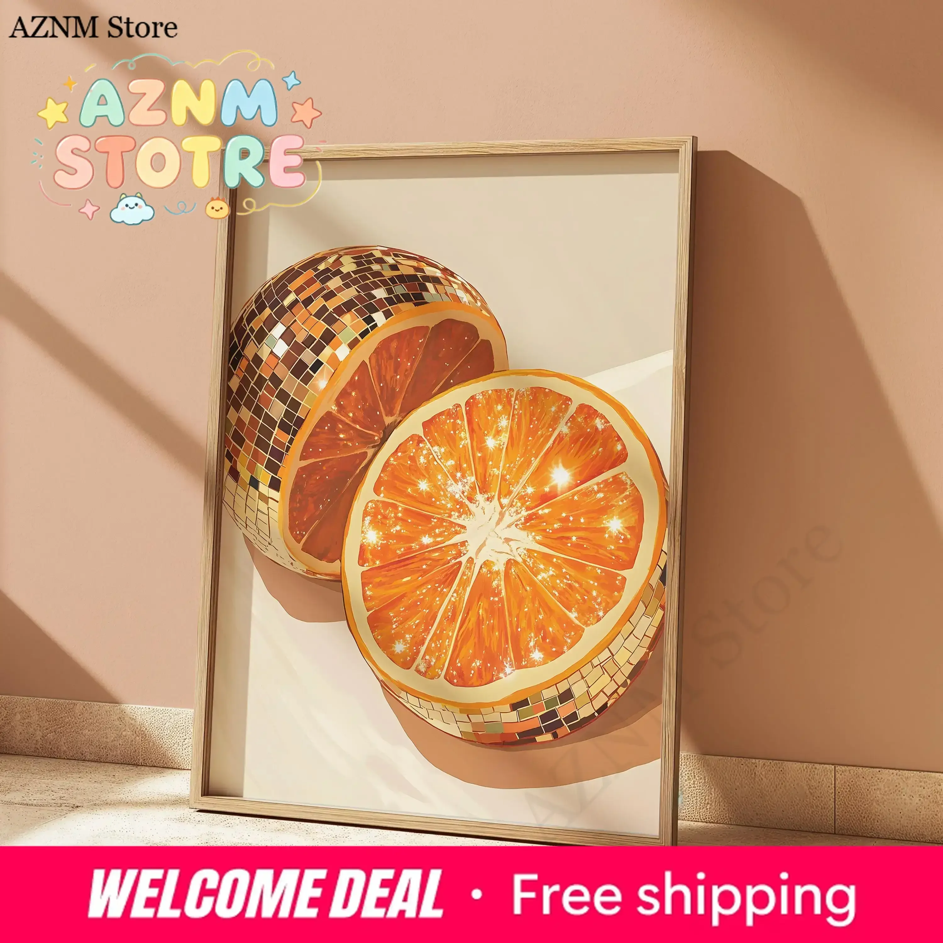 Orange Disco Fruit Ball Fashion Trend Art Poster Print Strawberry Disco Ball Canvas Painting Retro Gallery Wall Home Decor