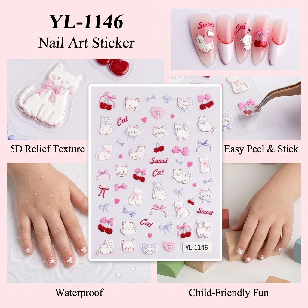 5D Cat Nail Stickers for Kids PVC Waterproof DIY Art view 6