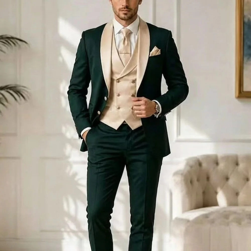 Nuevo Traje de Hombre Verde Oscuro y Beige para Negocios, Baile de Graduación, Boda, Fiesta Formal, Esmoquin Masculino para Novio o Padrino, Conjunto de 3 Piezas: Chaqueta, Chaleco y Pantalones