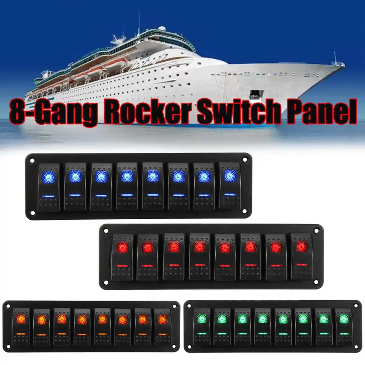 8 Gang Rocker Switch Panel Kit 12V 24V Circuit Breaker Green/Blue/Red/Orange LED Waterproof Marine Boat Rocker Switch Panel