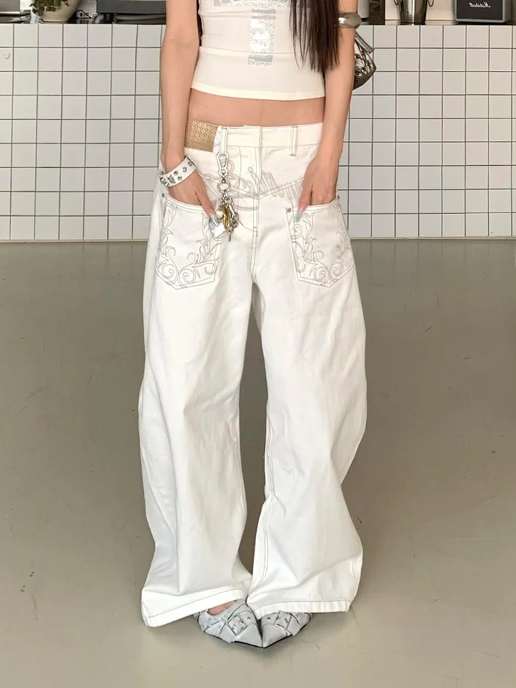 

Белые джинсы с вышивкой в американском стиле High Street, женские брюки с пряным ножом, двусторонние широкие джинсы длиной до пола
