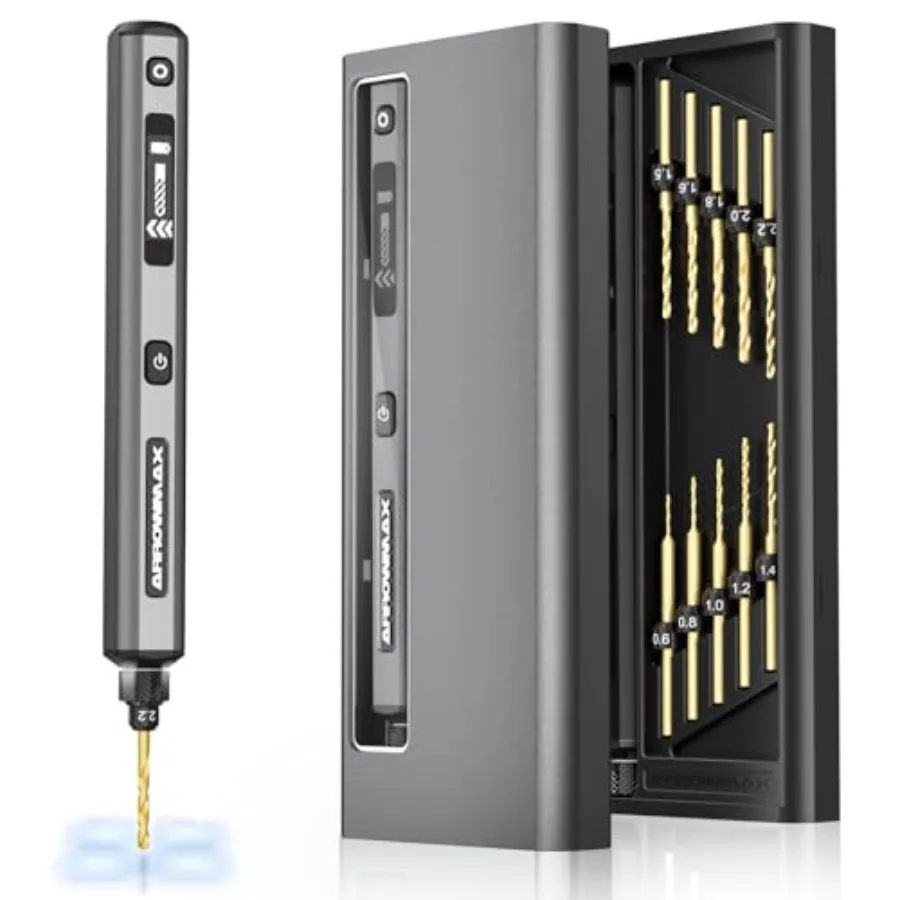 

Mini Drill Pen 5-Speed LED Lights OLED Display Aluminium Box Resin Drill Set With 10 Small Bits 3/32-Inch Shank For