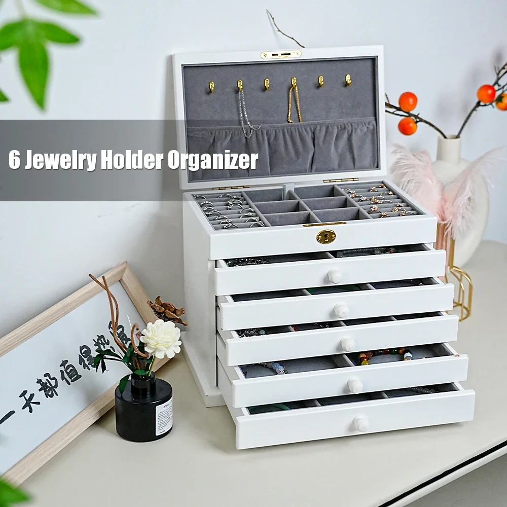 

YB Jewellery Box Organizer White 6 Layers Jewelry Boxes Wood Carve Bracelets Necklace Ring Organizer Jewelry Of Jewelry Woman