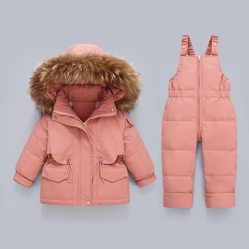 Children\'s Down Jacket Suit for Toddler Girls Boys 2023 New Baby Two Piece Fur Collar Strap Pants Kids Winter Jacket 6 Color