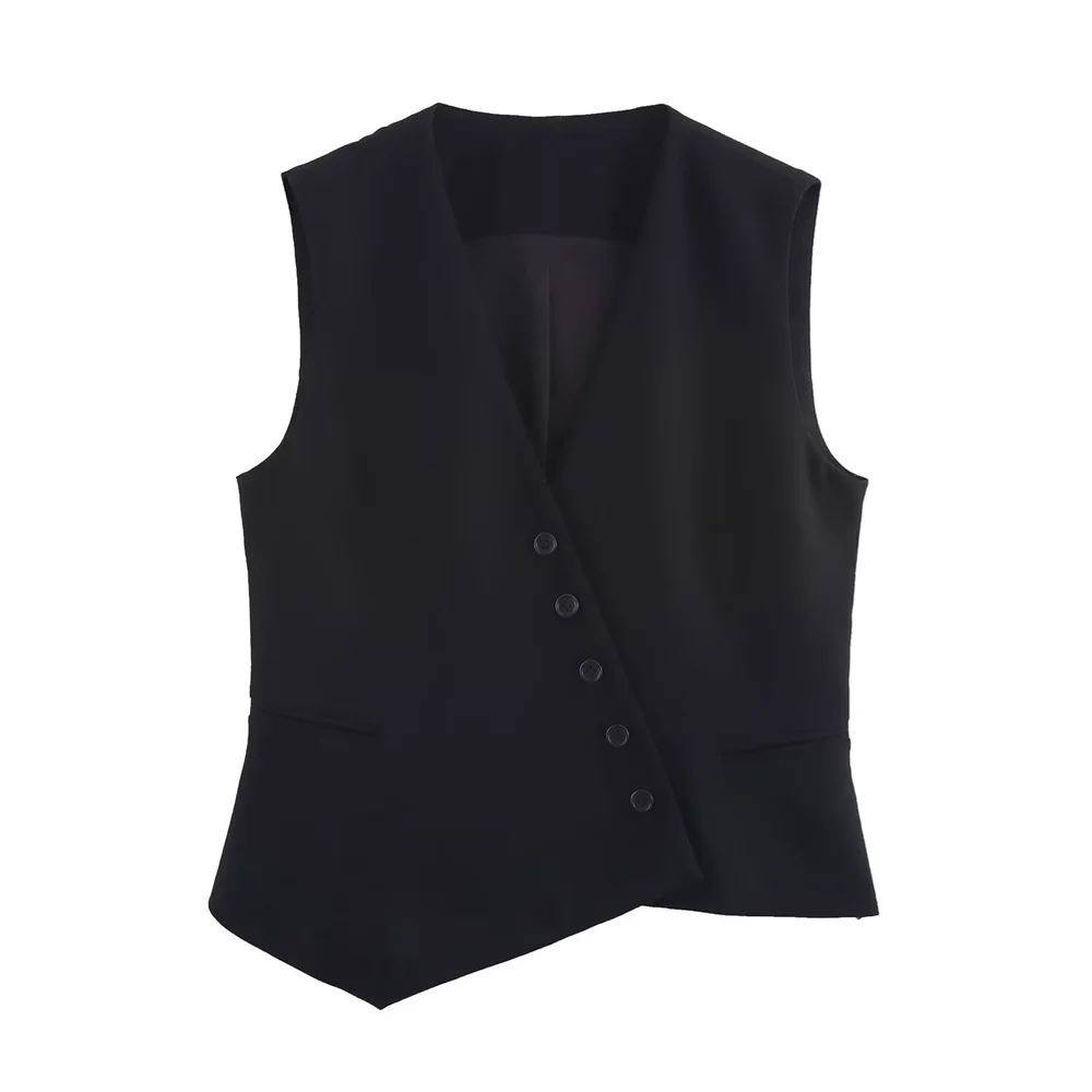 Asymmetrische Damenweste mit V-Ausschnitt, einfarbig, Dekoration, Frühling/Sommer, neue lässige Damenbekleidung