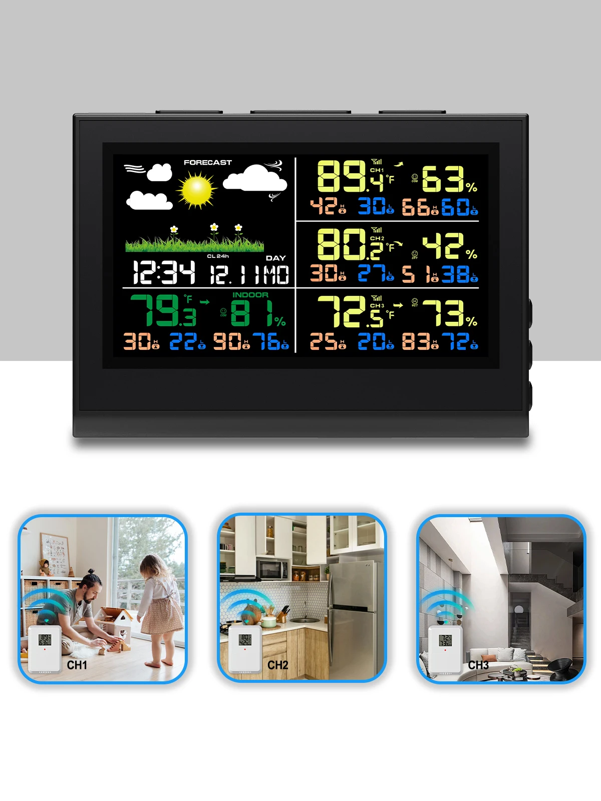 Slim draadloos weerstation met 3-sensoren Groot kleurendisplay Binnen Buiten Digitale thermometer Hygrometer voor thuiskantoor - afbeelding 2