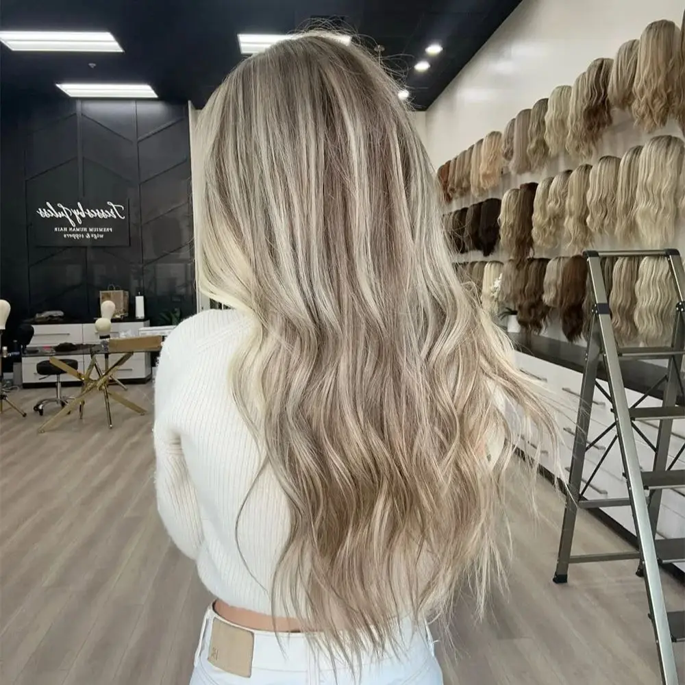 

24 Inch Blonde Highlights Invisible Lace Wig for Women Long Wavy Balayage Ash Blonde 13x4 Synthetic Lace Front Human Hair Wig