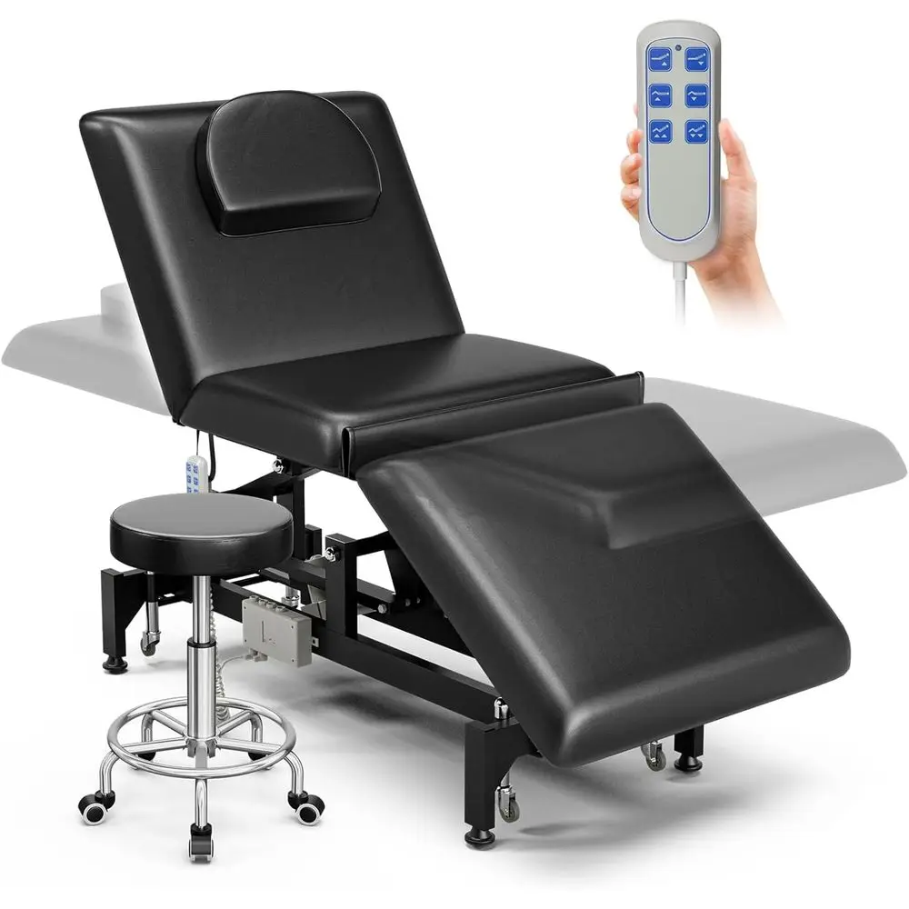 

Adjustable 3-Section Massage Table with Wheels and Stool, Ideal for Medical Treatment, Esthetician Facials, and Spa Services, Bl