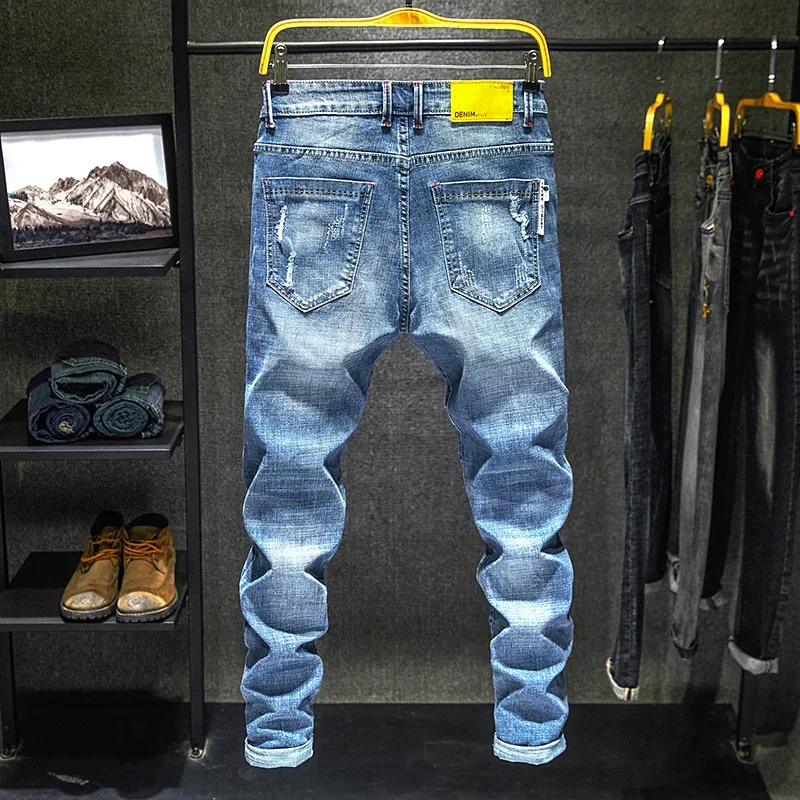 Stretch Slim Ripped Jeans Men Korean Vintage Streetwear Distressed Denim Pants Personality Hip Hop Trousers Male Trendy Brand