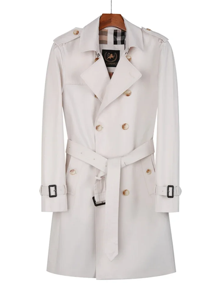 Trench-coat double imperméable blanc cassé pour homme, coupe-vent long, gentleman britannique, imperméable et respirant, doublure en laine de gabardine