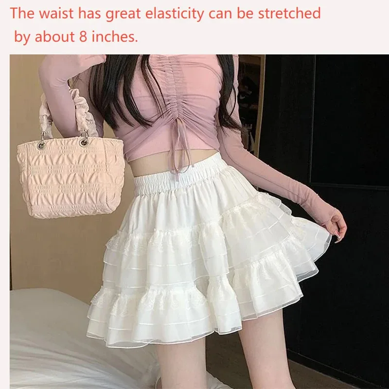 新作韓国風Y2Kカジュアルサマートレンド、ホワイトレースケーキミニスカート、バレエスタイルハイウエストメッシュキャノピーショートドレス