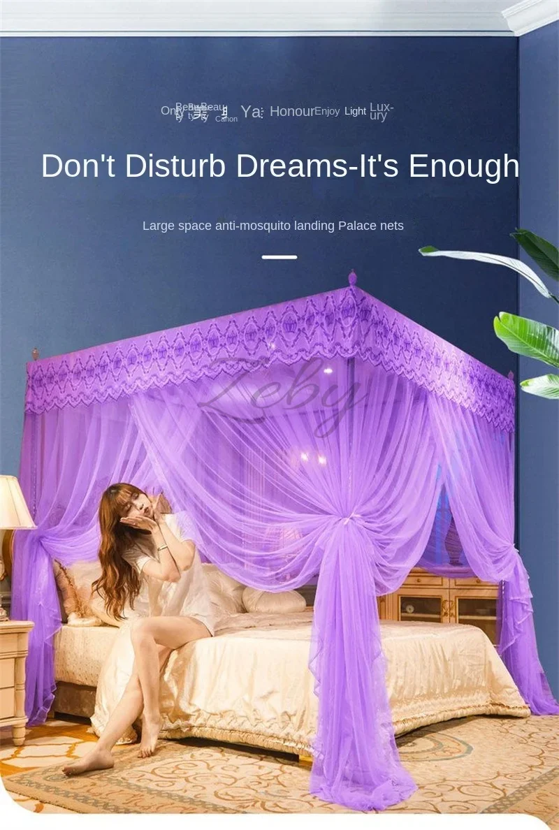 Romantic Lace Pleated Mosquito Net Embroidery Breathable Square Queen Double Bed Net Canopy Not Included Stainless Steel Bracket