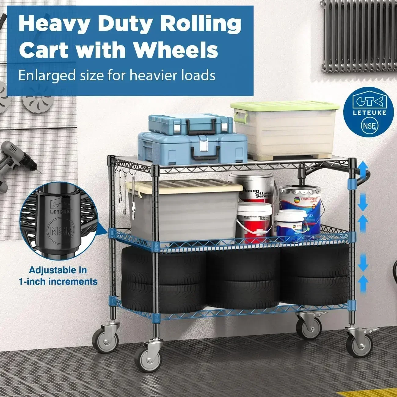 Heavy Duty 3 Tier Rolling Cart with Wheels, NSF Certified 1120LBS Capacity Commercial Grade Rolling Utility Carts with Handle