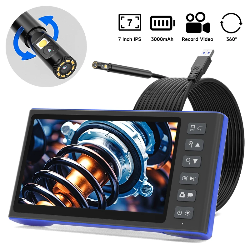 7'' IPS Screen 360 Degree Auto Rotate Endoscope 9.5MM HD1080P Dual Triple Lens Car Inspection Borescope Camera With 32GB TF Card