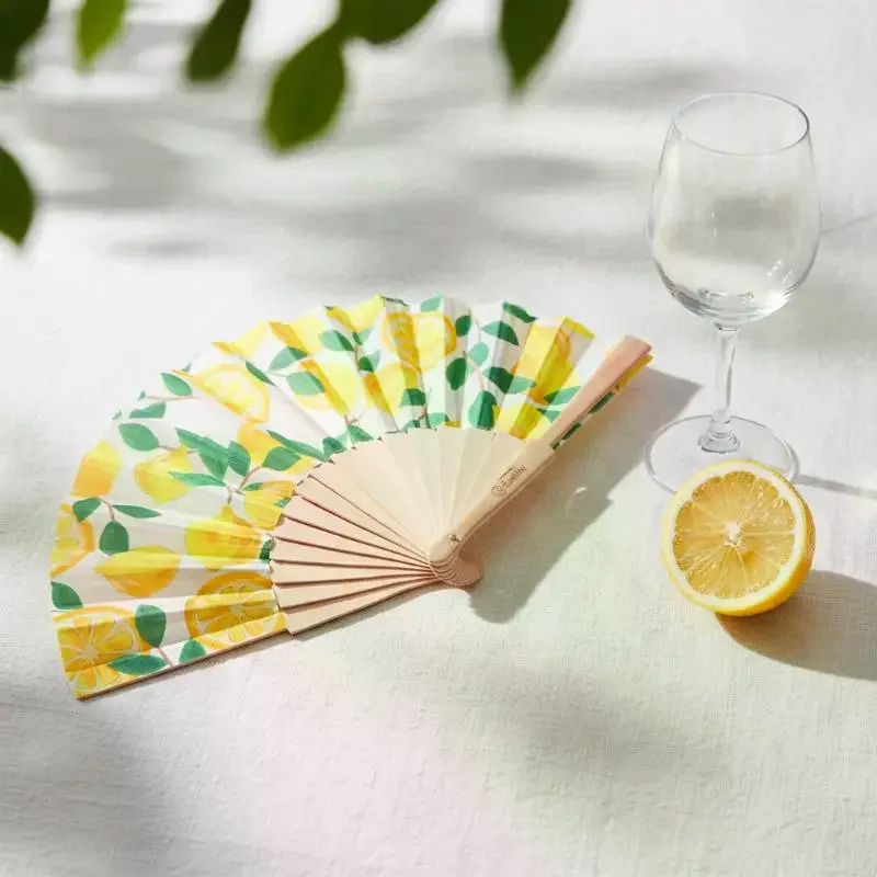 Lemon Print Folding Hand Fan-Bamboo Fabric Fruit Pattern Handheld Fan for Summer Cooling Wedding Party & Dance Performance Decor