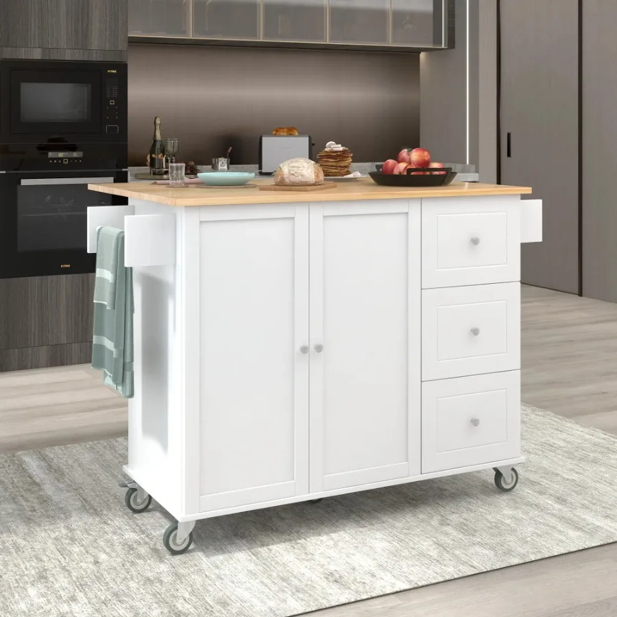 

Rolling Mobile Kitchen Island with Solid Wood Top and Locking Wheels 52.7 Inch Width Storage Cabinet and Drop Leaf Breakfast Ba