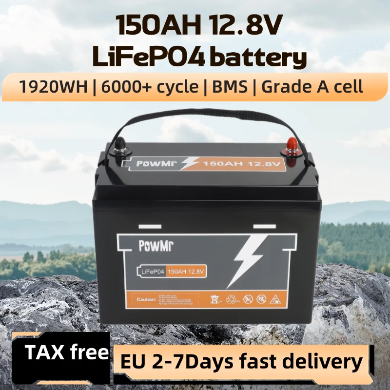 PowMr 12V 150Ah LiFePO4 Battery Packs Waterproof BMS 6000 Cycles Golf RV Cart Battery Off-Road Off-grid Solar Energy Power Bank