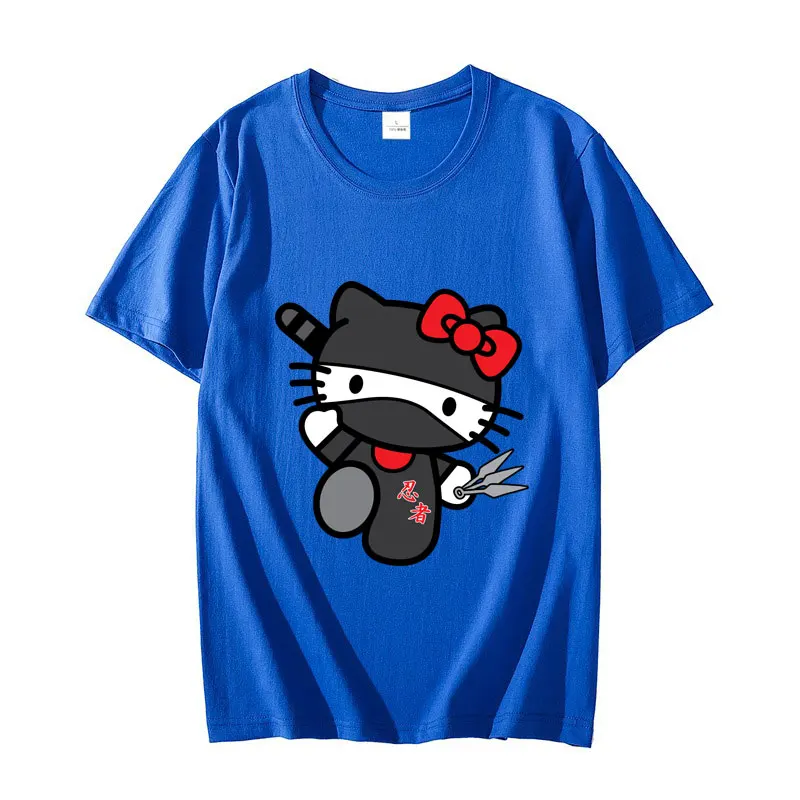 Sanrio Hello Kitty Cartoon Anime Women T-shirt Summer Short Sleeve 100% Cotton Men Tee Shirts Tops New Fashion Couple Clothes