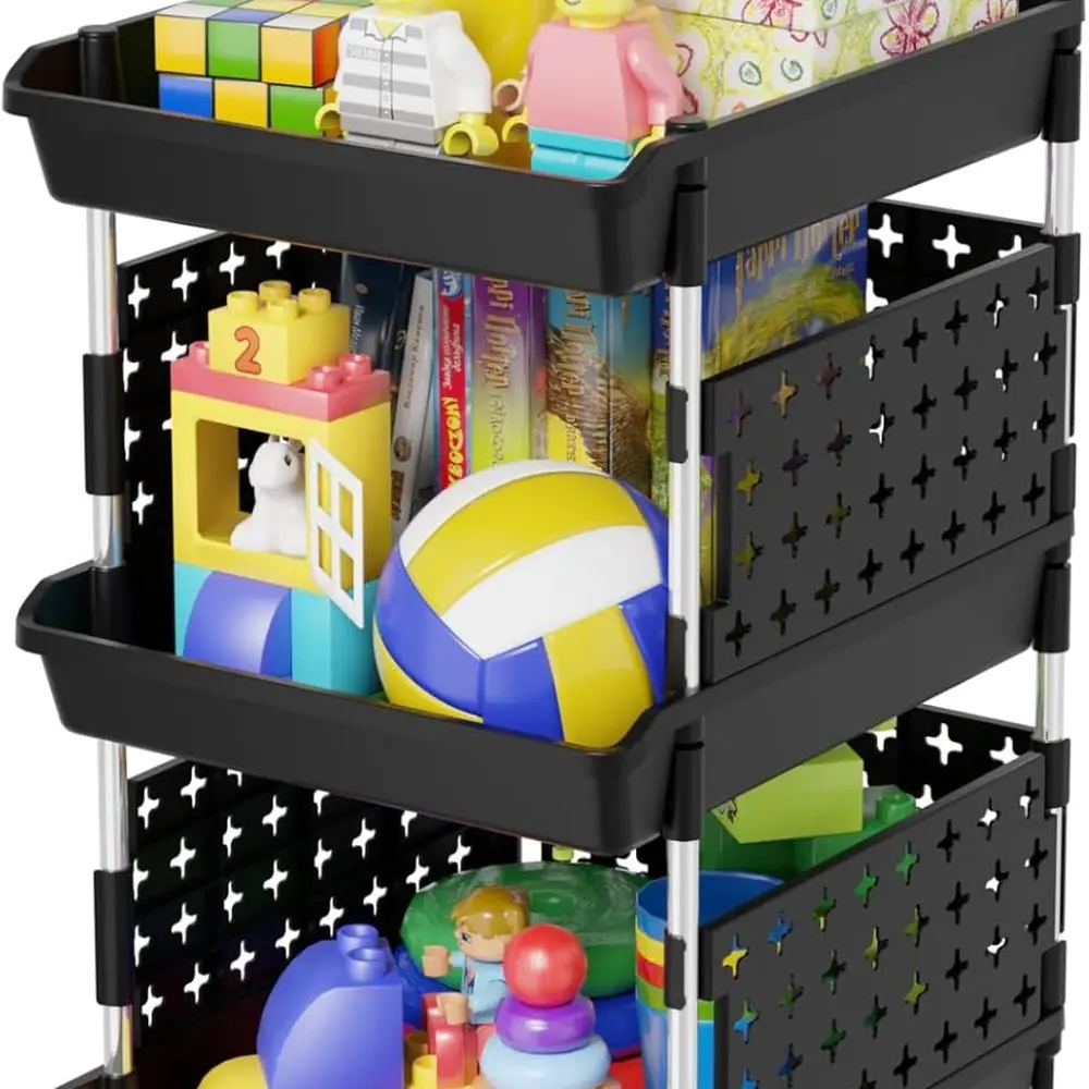 

Large Capacity 3-Tier Plastic Storage Baskets, 13.8 x 11.8 x 21.3, Black, for Kitchen, Pantry, Playroom, Bedroom - 2 Pack