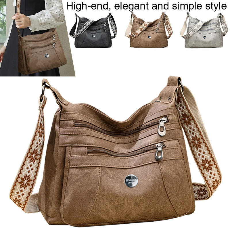 

Everyday Versatile Solid Tone Washed Leather Bag Trendy Casual Messenger, Comfort Wide Strap for Commute and Weekend Trips