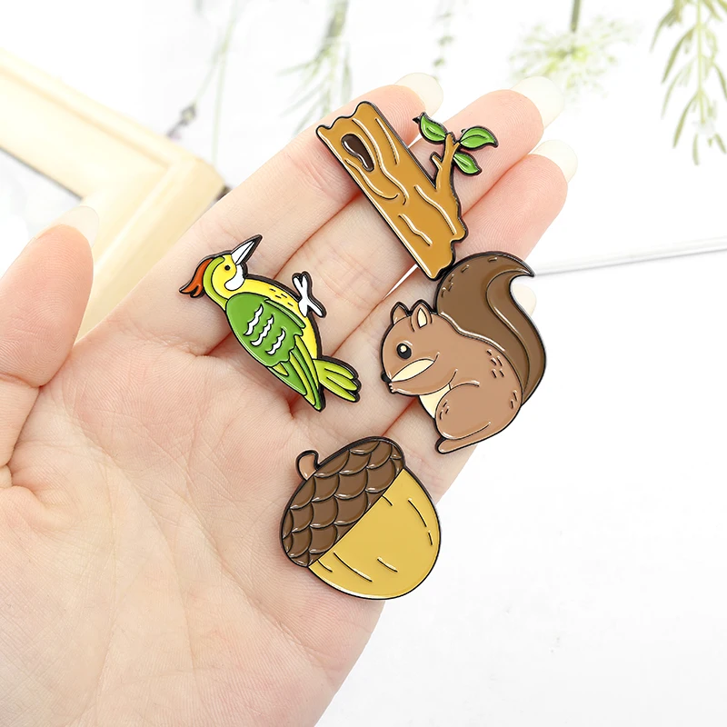 Forest Animal Enamel Pins Monkey Banana Squirrel Pine Cones Woodpecker Trunk Brooch Lapel Badge Bag  Jewelry Gift for Kid Friend